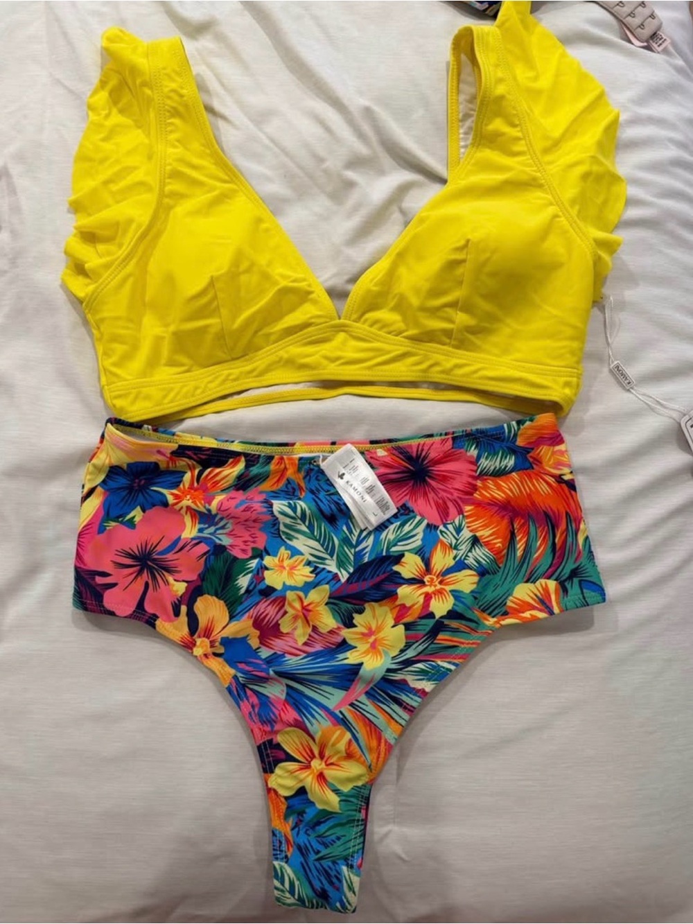 Bright Yellow V-Neck Bikini Top with Tropical High-Waist Floral Bottoms